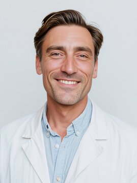 Male doctor in white lab coat smiles confidently, wearing a light blue shirt, with a neutral background in a professional studio portrait setting