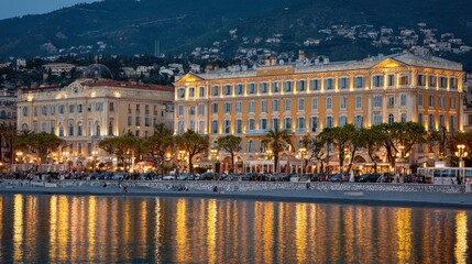 Fototapeta premium Illuminated Promenade des Anglais and Mediterranean Sea at Dusk in Nice, French Riviera.