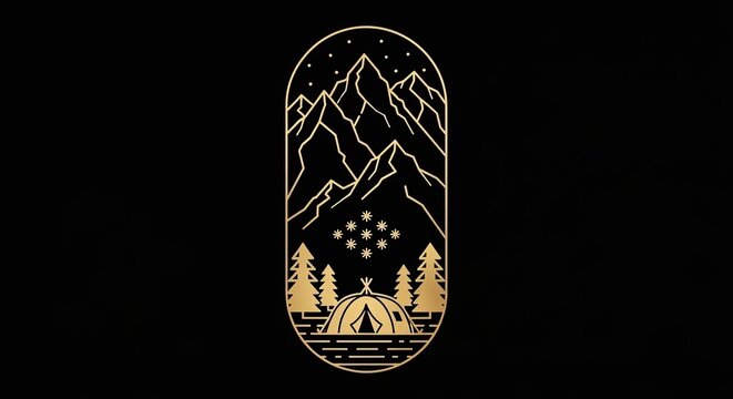 Minimalist mountain landscape with camping tent in vertical oval frame.