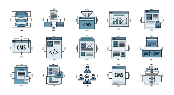 Set of website development and cms icons for digital marketing