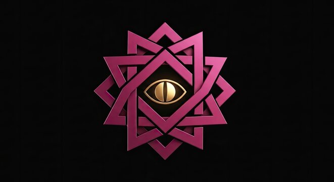 Mystical purple geometric star logo with central eye icon.