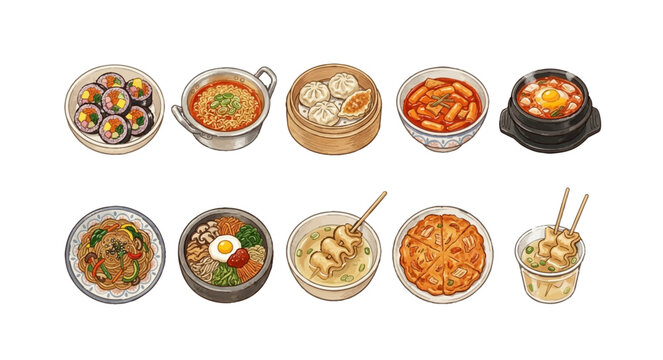 Korean Bunsik Clipart Set Vol.3, Watercolor Flat Illustration, Hand-drawn Gimbap Ramyeon Mandu Tteokbokki Soondubu Japchae Bibimbap Odeng Kimchijeon Eomuk Tang Vector