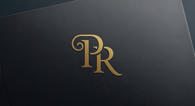 Premium gold monogram PR logo on textured dark paper.