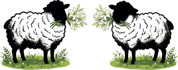 Fluffy White Sheep Illustration with Lily Flowers in Mouth Standing on Green Grass Meadow for Spring and Pastoral Countryside Designs © Md