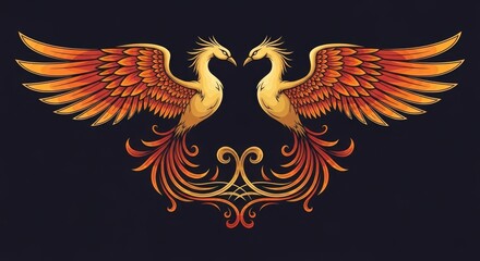 Fototapeta premium Twin golden phoenix firebirds symmetrical mythical bird illustration.