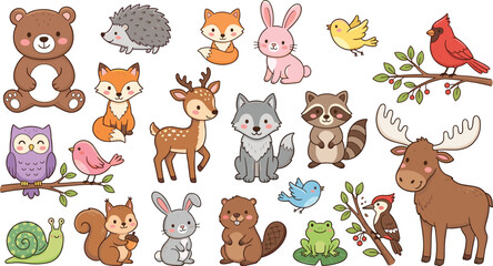 Fototapeta premium Cute Woodland Animals Vector Illustration Set with Bear Fox Deer Moose Owl and Bunny Cartoon Characters for Kids Nursery Patterns and Creative Clipart