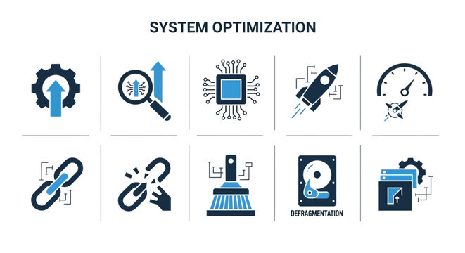 System optimization set of icons representing technology and efficiency
