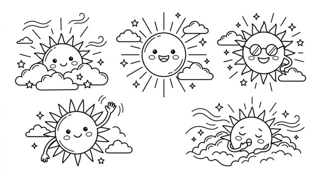 Cute Smiling Sun Character Line Art Vector Set  Happy Summer Sunshine with Rays, Clouds and Sky Elements