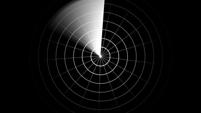 4K monochrome white radar screen scanning and zooming in animation on black background loop.Classic black and white military sonar radar detection interface grid expanding in 4K resolution