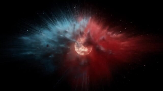 A celestial nebula bursts forth with blue and red hues, revealing a central celestial body