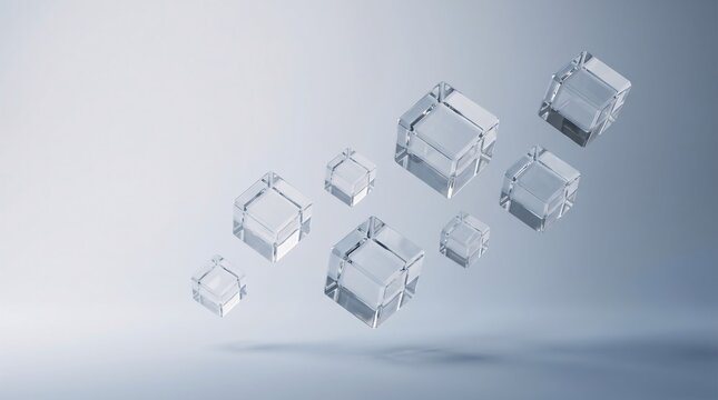 Abstract 3D Crystal Clear Cubes Floating in Diagonal Scatter Formation on Blue Lavender Gradient