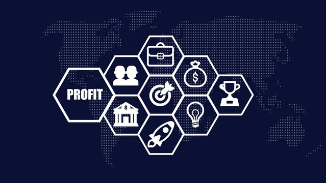 Hexagonal connected in a network with the word PROFIT and global map Generate title without using the word "Title:" before it. background in dark blue