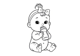 Fototapeta premium Cute baby girl drinking from a bottle with a bow in hair