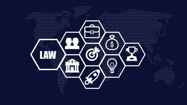 Hexagonal connected with policy text on dark blue map Generate title without using the word "Title:" before it. background with dotted pattern