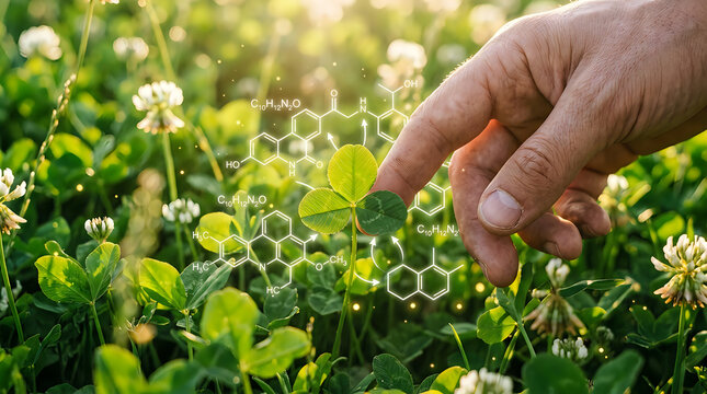 Four leaf clover with biochemical structure overlay luck and science concept