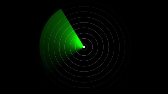 4K futuristic green radar screen scanning animation with circular grid line loop isolated on black background.Futuristic sci-fi HUD radar screen element scanning target signal with seamless loop anima