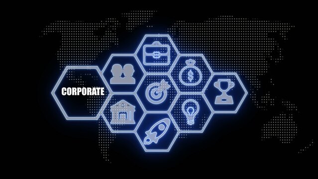Hexagonal corporate concept with global network in blue and Generate title without using the word "Title:" before it. white on dark background business