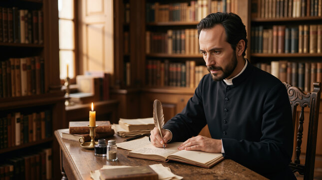 Saint Ignatius of Loyola writing in a historic library. Portrait of a priest with a quill pen in a study