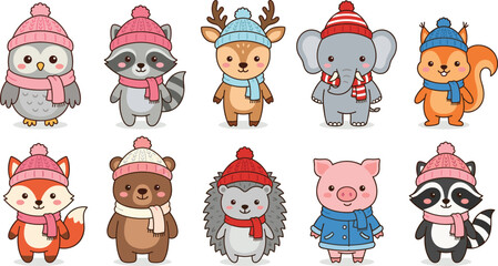 Obraz premium Cute Winter Animals Vector Illustration Set with Owl Deer Elephant Bear Fox and Hedgehog Wearing Cozy Knitted Hats for Christmas Nursery Designs