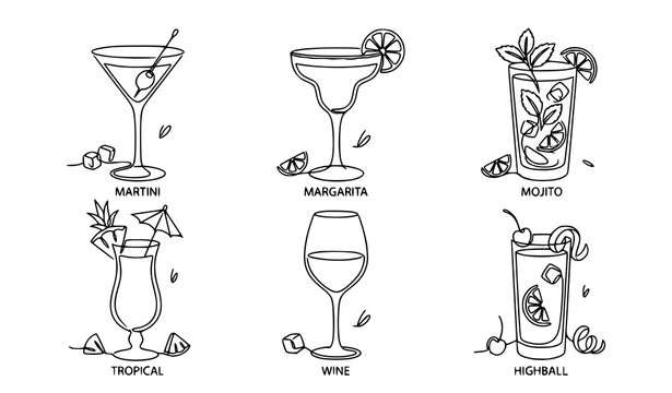 Summer cocktail collection continuous line art vector