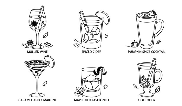 Continuous line summer drinks and cocktail vector set