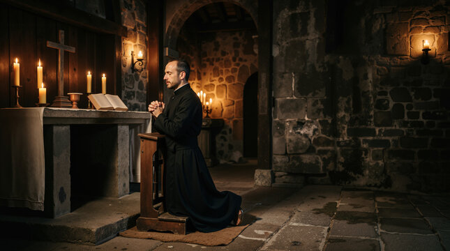 Priest kneeling in prayer at a stone altar. Devout man in black cassock inside a dimly lit historic church