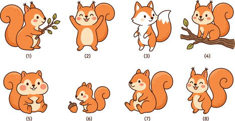 Fototapeta premium Cute Woodland Animals Vector Illustration Set with Cartoon Squirrels Fox Branch and Acorn Characters for Kids Nursery Patterns and Sticker Designs