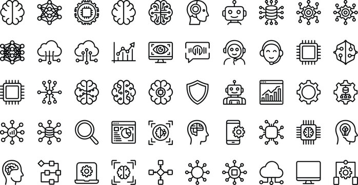 Artificial intelligence line icon set with machine learning chatbot brain data cloud network and robot technology symbols