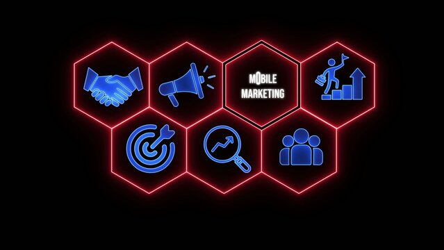 Hexagonal with blue handshake megaphone target magnifier people and growth symbols labeled mobile marketing Generate title without using the word "Title:" before it