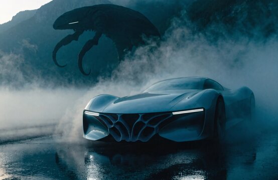 Pale blue luxury grand touring futuristic concept car in dense cold lake fog, ancient insectoid titan appears