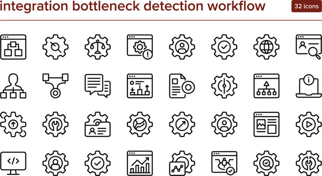 Integration bottleneck detection workflow line icon set featuring monitoring analytics optimization troubleshooting and process management