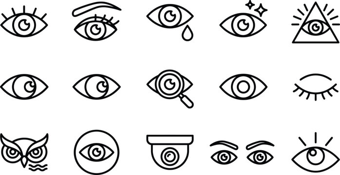 Vision and eye care line icon set featuring optics surveillance security look magnifying and observation vectors