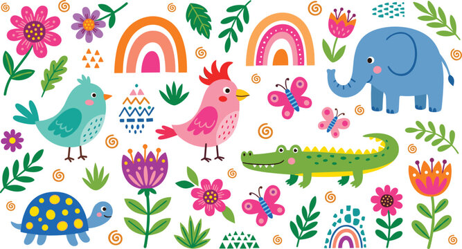 Cute Tropical Animals Vector Illustration Set with Elephant Crocodile Birds Turtle Rainbows and Folk Flowers for Kids Nursery Patterns and Clipart Designs