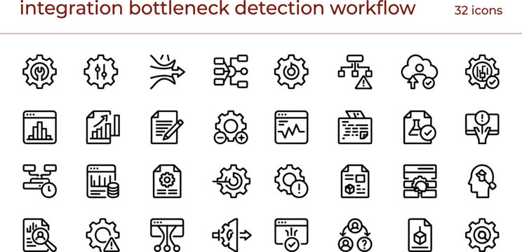 Integration bottleneck detection workflow line icon set featuring monitoring analytics diagnostics optimization and process management