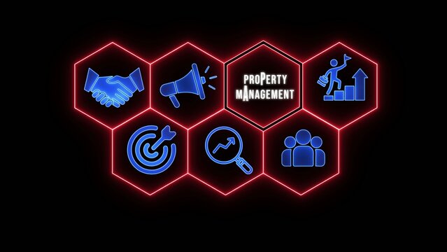 Hexagonal with property management theme including handshake megaphone target magnifier and growth chart symbols in neon blue and red Generate title without using the word "Title:" before it