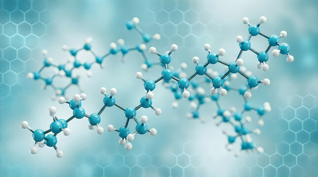 Molecular structure visualization blue polymer chain with hexagonal background