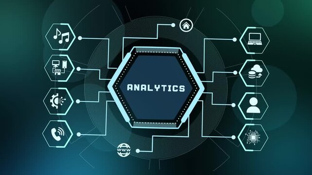 Advanced data analytics and business intelligence concept background featuring digital tech interface and information metrics.