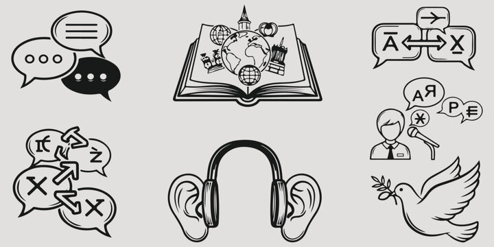 Communication language icons set featuring speech bubbles open book with globe translation symbols headphones and dove with olive branch hand drawn vector illustration art design
