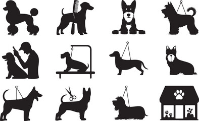 Obraz premium Black and white dog icons with grooming and accessories