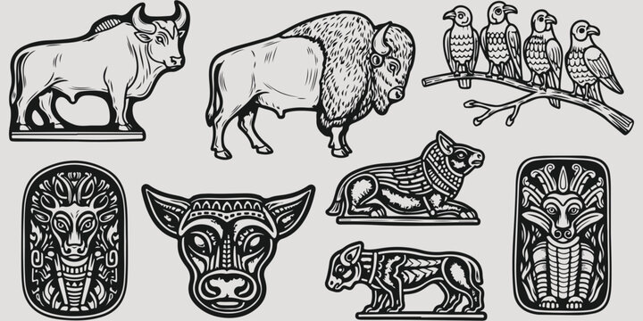 Ancient Indus Valley civilization arts pottery jewelry lotus and bull motifs hand drawn vector illustration art design archaeological heritage cultural decorative pattern graphics set
