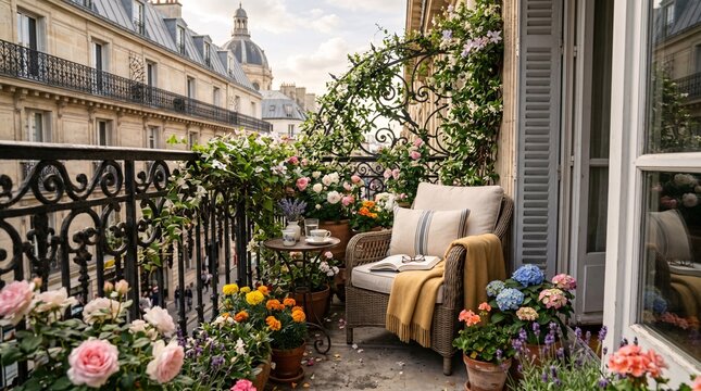 Parisian balcony with ornate railing and classic French facade, floral garden