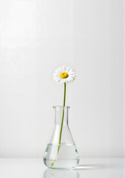 Daisy flower in a laboratory flask with water on white background. World Teachers' Day    