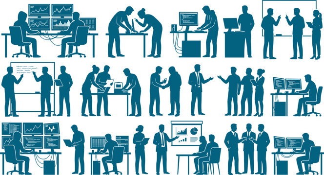 Professional set of office worker silhouettes depicting business meetings computer coding and corporate presentations