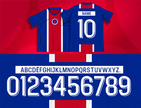 Modern football jersey number font with slim geometric shapes and layered shadow details. Vector alphabet and numerals designed for sports apparel, uniforms, branding and print graphics