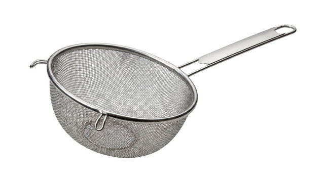 Classic stainless steel fine mesh strainer colander with handle and bowl rest hooks isolated on background