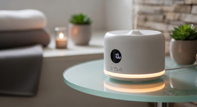 Modern white alarm clock aroma diffuser with integrated light on a glass table