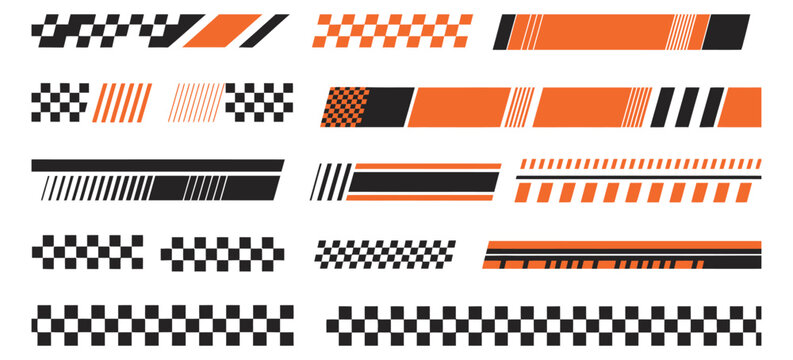 Racing car icon set with dynamic speed lines checkered flag motifs finish line symbols motocross racing labels automotive vector graphics
