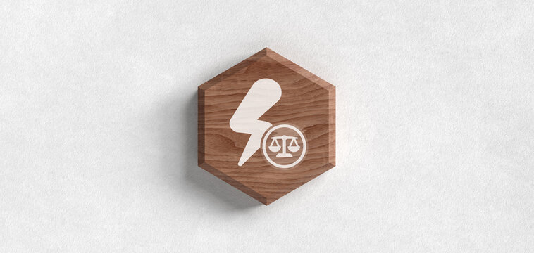A wooden hexagon icon featuring a lightning bolt and a scale of justice, symbolizing energy law, legal power, regulatory framework, and electrical litigation in a modern style.