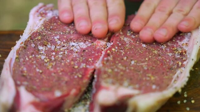 Closeup of a chef seasoning raw beef steaks with coarse salt and cracked black pepper on a wooden cutting board before grilling - Landscape Format.