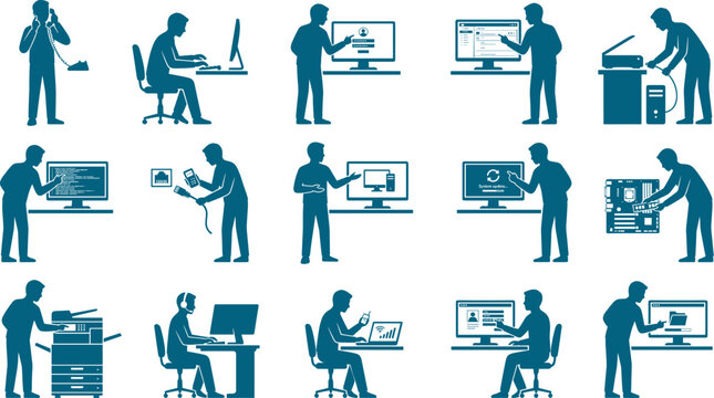 Collection of it professional and office worker silhouettes using various computer and server equipment